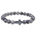 8mm pink zebra stone beaded bracelet with black cross pendant on white background - Map Stone