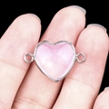 Pink heart semi-precious stone connector with silver bezel and double bail held by fingers - Synthetic Opal Double Hole (Silver)