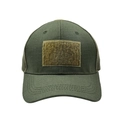 Close-up of olive green tactical baseball cap with front velcro patch and mesh back panels - Solid Army Green