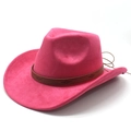 Close-up of rose red faux suede cowboy hat with embossed leather band and chin cord - M (56-58cm) / Rose Red Suede