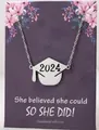 Silver 2024 graduation necklace with doctoral cap pendant on a decorative card - 2024 + Card / Silver