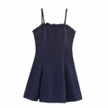 Dark blue denim pinafore dress with adjustable straps and ruffled neckline trim - S / Navy Solid