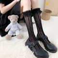 Lolita black lace knee-high socks with heart hollow pattern and ruffled trim for women - Black Heart