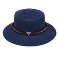 Flat top dark blue straw hat with a brown leather band and silver bull head decoration - Cow Skull Studded Belt Style (298G)