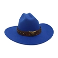 Bright blue felt cowboy hat with leather band and antique gold bull head metal ornament - Sapphire Blue