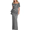 Elegant silver grey satin evening gown with off-shoulder neckline and bow detail - US size 14 (XL) / Top And Bottom / Gray
