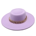Lavender flat top wool felt hat with gold chain detail for men and women - M (56-58cm) / Taro Purple