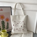 Minimalist white Oxford fabric tote bag with brown bear and letter print patterns - White with Multiple Bears