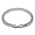 Polished silver stainless steel cuban link bracelet for men and women on white background - Edge-Cut Double Weave Chain / 7mm Width / 22cm