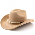 Detailed view of the faux suede western cowboy hat featuring elegant pearl band and ribbon - M (56-58cm) / Dark Camel