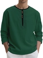 Men's dark forest green Henley shirt with long sleeves and cotton linen texture fabric - Army Green