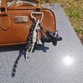 Punk style plush bag charm with metal guitar, leather star, and black braided rope - Charm / Guitar Bell