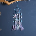 Star-shaped blue dream catcher with gradient feathers and soft white plush balls - Blue Star