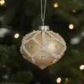 Elegant matte champagne gold Christmas ball with white beads and diamonds, 9cm size - Onion Shape Rhinestone Ball / Champagne