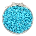 Blue 7mm acrylic alphabet beads with black star and heart patterns in a silver tray - Blue Stars Moons Beads