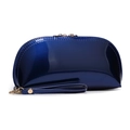 Glossy blue shell-shaped makeup clutch with gold zipper and matching wrist strap - Sapphire Blue