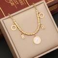 Elegant gold-plated square zircon necklace and bead bracelet set in a jewelry box - Gold Necklace