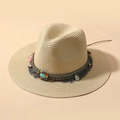 Cappello di paglia Panama estivo con perline colorate, turchese e nappe rosa - M (56-58cm) / Beige Chiaro