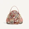 Pink jacquard lady crossbody bag with cartoon bear pattern and detachable wide strap - Pink