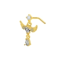 Close-up of golden nose stud with heart angel wings and crystal teardrop pendant - Angel Wing Heart Pendant Style (24032801-5)