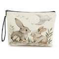 Cream canvas pouch featuring watercolor rabbit, flower and moon print with black wristlet - Cute Little White Rabbits Style (xy-081-5)