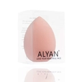 Pink teardrop makeup sponge in clear plastic box with ALYAN logo on white surface - Honey Pink