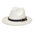 Detailed close-up of brown faux leather belt and bronze buckle on off-white wool fedora hat - M (56-58cm) / White