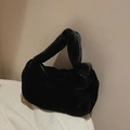 Chic black plush handbag for women with a unique knotted handle in soft faux fur finish - Solid Black // Great Deal