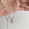 Square bead chain bracelet with polished heart pendant in silver finish - Square Crushed Silver Heart Necklace
