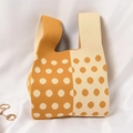 Knitted tote bag with yellow and cream color blocking and polka dot pattern detail - Double-dot Khaki