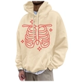Men's oversized beige fleece hoodie featuring red rib cage and cross star graphic print - S / Tops / Beige