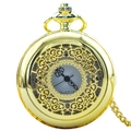 Classic vintage gold quartz pocket watch with hollow floral design and metal chain - Gold - Hollow Carved