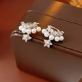 Macro detail of double-layered zircon star earrings with pearls on a leather jewelry box - Right Ear / Silver