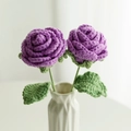 Handmade crochet purple roses in a ceramic vase, crafted with soft cotton yarn - Woven Rose (Finished) / Purple (Toothed Large Leaf with Wire)