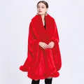 Elegant red faux rabbit fur collar knit poncho cardigan with oversized loose cape design - Red