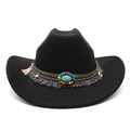 Ethnic style black wool felt western cowboy hat with turquoise bead and tassel trim - M (56-58cm) / Black
