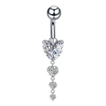 Detail of silver belly ring featuring a hanging cascade of four heart-shaped cubic zirconia - Heart Chain Dangle JE0172B