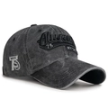 Gorra de béisbol de algodón gris oscuro lavado con bordado 3D y letras de New York - Ajustable / Negro