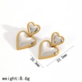 Detail view of two-tone heart earrings with 20.3mm width and 33.5mm height measurements - Gold Silver Two-tone Layered Double Heart Stud Earrings (TE6003-M)