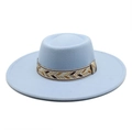 Detail of light blue felt fedora hat featuring a brown ethnic herringbone ribbon band - M (56-58cm) / Sky Blue