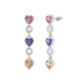 925 silver multi-color heart gemstone drop earrings with pink, purple and yellow stones - Multicolor Heart Dangle Earrings / Silver Tri-Color Heart