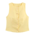 Women's yellow sleeveless button-down tank top with round neck in a solid color - S / Tops