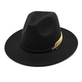 Classic black wool fedora hat with a stylish gold metal feather buckle for women - M (56-58cm) / Black