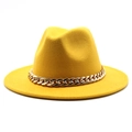 Close-up of bright yellow wool fedora hat featuring a chunky gold metal chain link band - M (56-58cm) / Yellow
