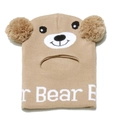 Detailed view of knitted bear balaclava for kids with fuzzy ears and soft winter texture - Beige