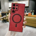 Red faux leather magnetic case with deer head relief for Samsung S23 Ultra held in hand - Red / A36 Blue and White Floral