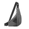 Close-up of waterproof grey chest bag featuring adjustable strap and side logo detail - Left Shoulder / Gray