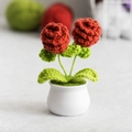 Handmade red crochet rose in white ceramic pot for home decor and teacher's day gifts - Pine Cone Red