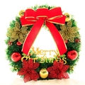 30cm Christmas wreath with red bow, gold flowers, and Merry Christmas sign on white - 30CM Four Flowers Wreath