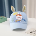 Close-up of light blue kids baseball cap featuring long rabbit ears and Lucky embroidery - Music Rabbit Blue